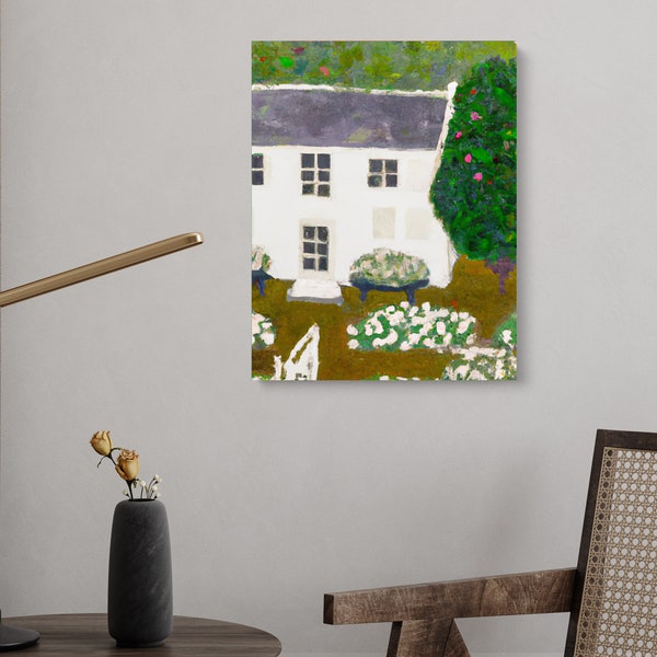 White Bungalow, Cottage Series, CANVAS wall art | soft life with flowers and fields | Gifts for gardeners | still life landscape portrait