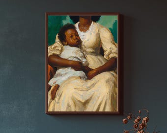 Sztuka ludowa „Madonna”, płótno w ramie | Sztuka afroamerykańska, wydruk kultury czarnej, czarna Ameryka, wydruk sztuki rodziny czarnoskórej, wydruk matki i dziecka