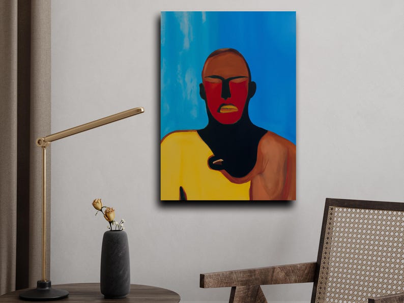 May include: Abstract portrait painting featuring a figure with a red face and yellow shirt against a blue background. The artwork has bold colors and a modern aesthetic, suitable for home decor.