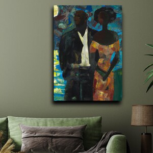 Moonlight, Stretched Canvas Art: Moonlight, Poster Print: An expressive painting of a Black couple standing close together by moonlight near shimmering water. The man wears a dark suit with an open white shirt, while the woman, dressed in a vibrant orange off-shoulder dress, leans gently toward him. Rich blues, yellows, and greens create a moody, romantic atmosphere that glows under the moonlit sky.