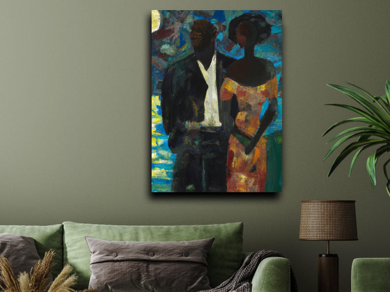 Moonlight, Stretched Canvas Art: Moonlight, Poster Print: An expressive painting of a Black couple standing close together by moonlight near shimmering water. The man wears a dark suit with an open white shirt, while the woman, dressed in a vibrant orange off-shoulder dress, leans gently toward him. Rich blues, yellows, and greens create a moody, romantic atmosphere that glows under the moonlit sky.