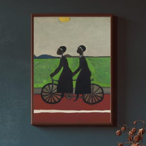 Double Ride Folk Art, FRAMED Canvas | African American Folk Art, Black Culture Print, Black People Art, Bike Black Girl, Black Americana