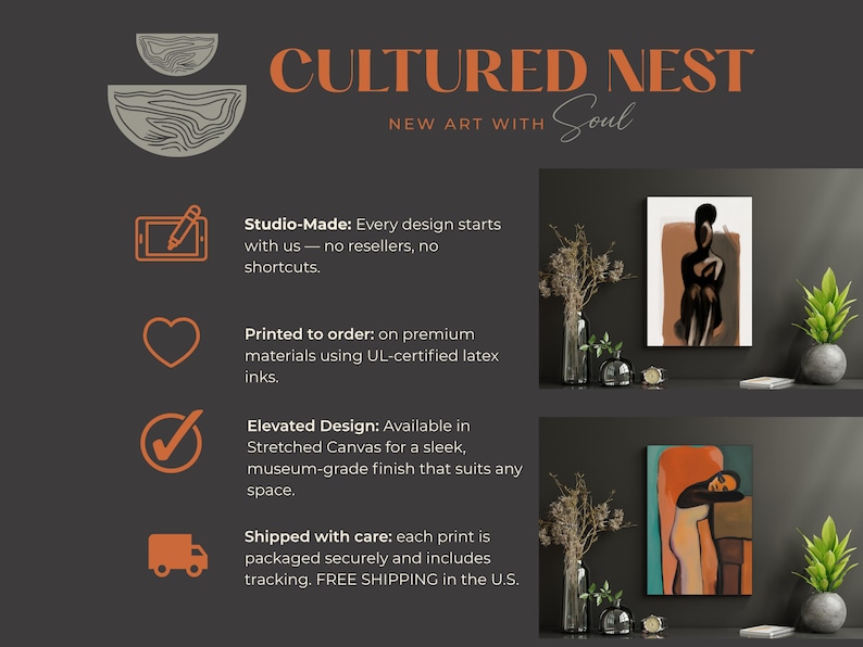 May include: The image showcases two abstract art prints, one featuring a black and brown figure and the other with an orange and blue composition. The text "CULTURED NEST" and "NEW ART WITH Soul" is displayed in orange. The image also highlights studio-made art, printed on premium materials.