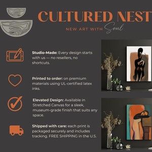 May include: The image showcases two abstract art prints, one featuring a figure in black and brown tones, the other with orange and blue hues. The text "CULTURED NEST" and "NEW ART WITH Soul" are displayed in orange.