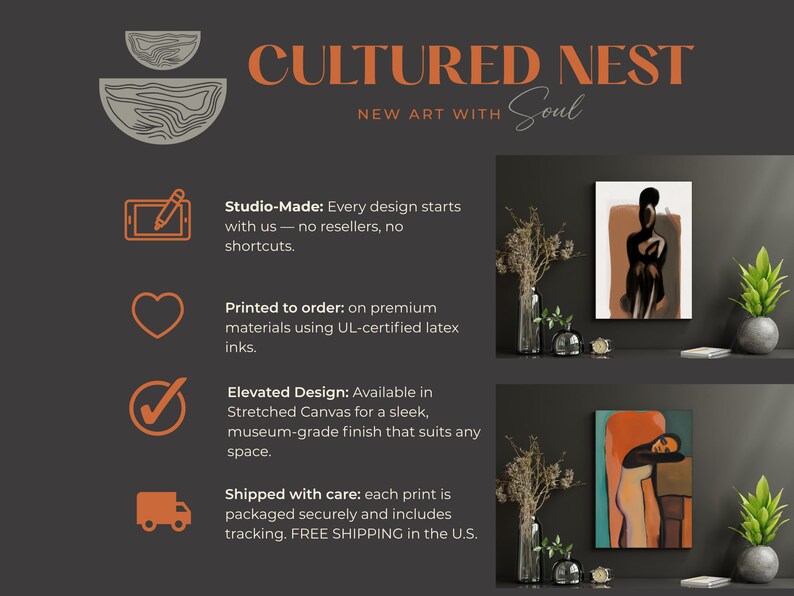 May include: The image showcases two abstract art prints, one featuring a figure in black and brown tones, the other with orange and blue hues. The text "CULTURED NEST" and "NEW ART WITH Soul" are displayed in orange.