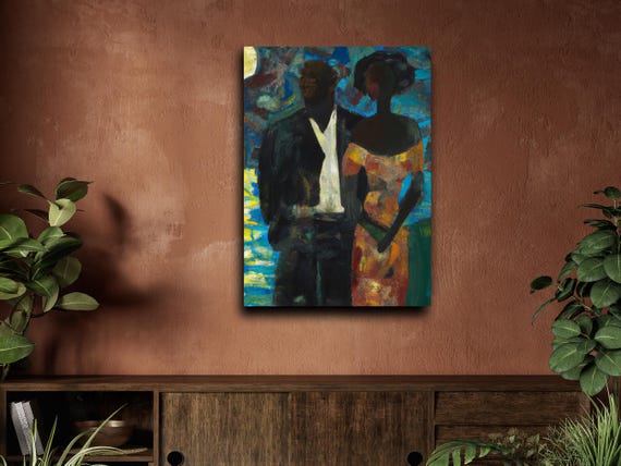 Black Love Canvas Print, Moonlight Couple, African American Art