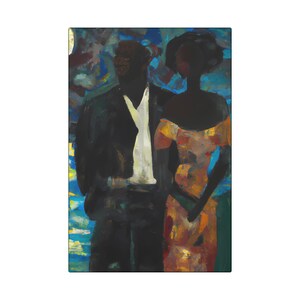 May include: An abstract painting of a couple in formal attire. The man is in a black suit with a white shirt, and the woman is in a yellow and orange dress. The background is a mix of blue and green brushstrokes.