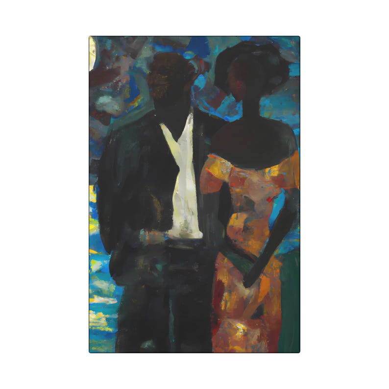 May include: An abstract painting of a couple in formal attire. The man is in a black suit with a white shirt, and the woman is in a yellow and orange dress. The background is a mix of blue and green brushstrokes.