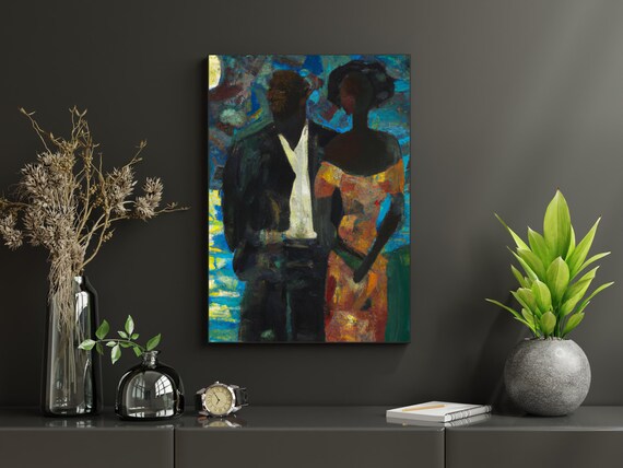 Moonlight, Black Couple Art Poster Print, Black Love Wall Art | African American Family Artwork | Black Art Decor, Afrocentric Ethnic Art