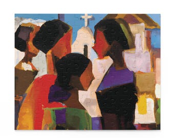 May include: A jigsaw puzzle featuring an abstract painting of several figures in a church setting. The artwork uses a vibrant color palette of red, purple, and blue. The puzzle pieces are black.