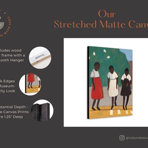 May include: Stretched matte canvas art print featuring three figures in dresses on a yellow crosswalk. The artwork has a museum-quality look with black edges and a substantial depth of 1.25 inches. Includes a wood inner frame with a sawtooth hanger.