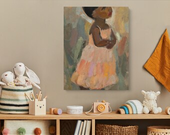 Girl in Peach 3, Black Art Daughters Series, Wrapped CANVAS, Girls Room and Nursery Room, Portrait Art, Canvas Print, Art Print, Kids Art