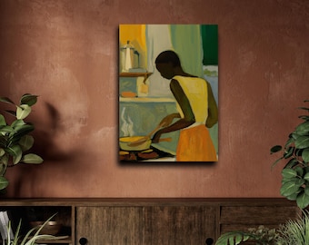 Wednesday, MATTE CANVAS | Black Folk Art, Kitchen Scene, Cooking Artwork