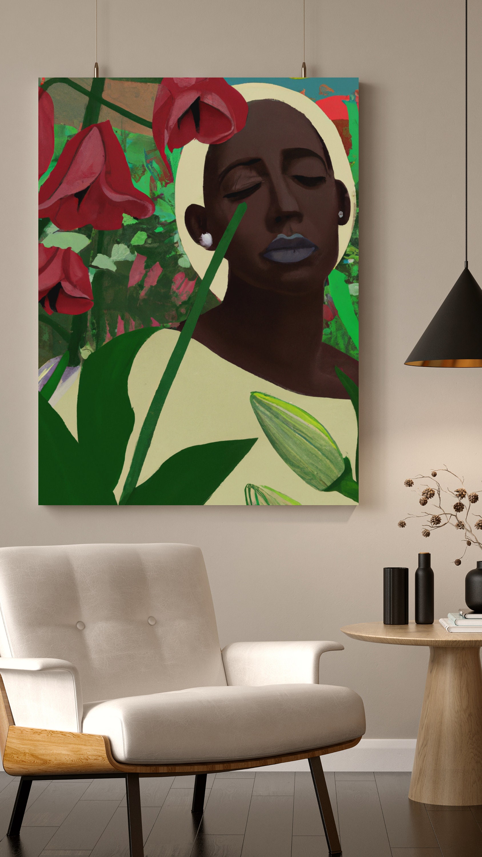 Natural Beauty, Black Woman Art, Portrait Series CANVAS Print Floral Picture, African American