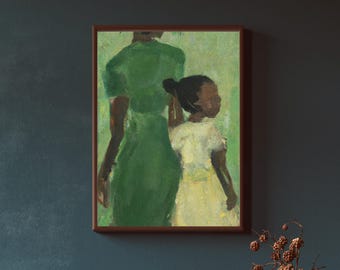 Green Mother Daughter Art, FRAMED Canvas | Black Art, African American Art, Family portrait, Black girl decor, Gifts for moms, girls rooms