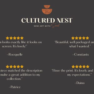 May include: Dark gray background with the text "CULTURED NEST" and "NEW ART with Soul". The image includes customer reviews with five-star ratings. The reviews mention the item's appearance, packaging, and how it matched the description.