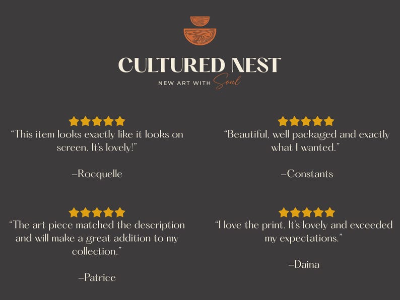 May include: Dark gray background with the text "CULTURED NEST" and "NEW ART with Soul". The image includes customer reviews with five-star ratings. The reviews mention the item's appearance, packaging, and how it matched the description.