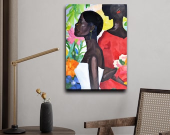 Lady in Red, Garden Series, Matte CANVAS Wall Art | Impressionist African American Portrait, Feminine Black Artwork
