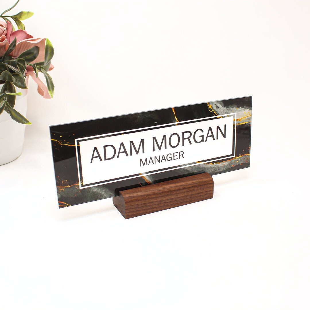 Black Marble Desk Name Plate Office Supply Personalized Etsy