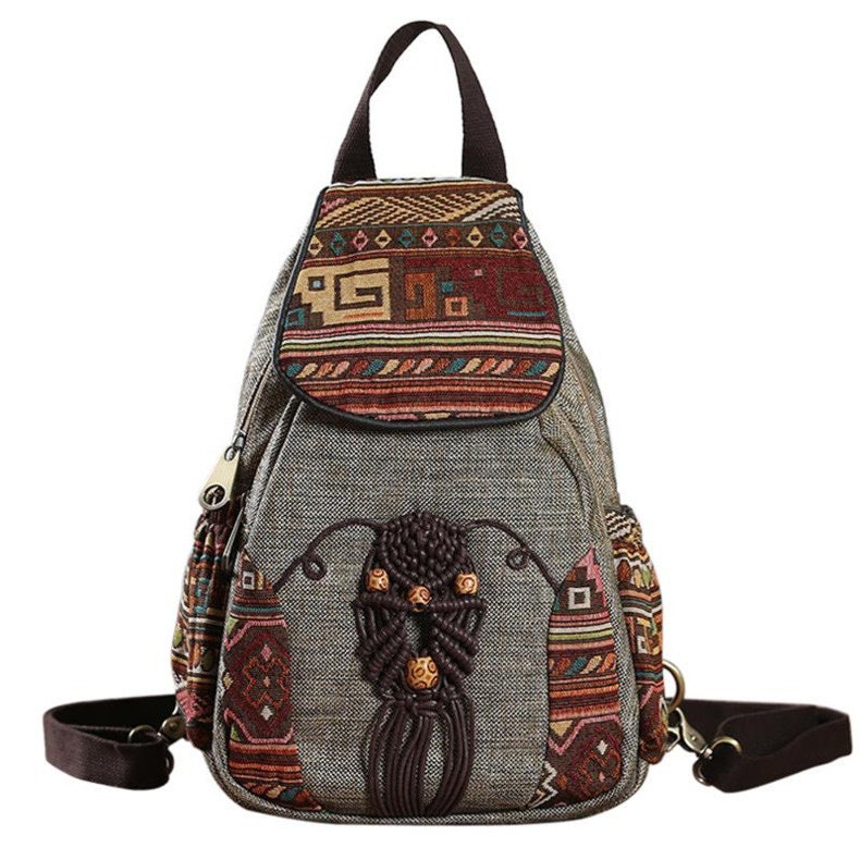 Women's Handmade Backpack Vintage Canvas Backpacks Boho Geometrical