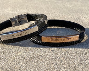 Leather Bracelet with Engraved Name, Personalized Bracelet, Custom Name Bracelet for Men, Silver or Gold Bracelet