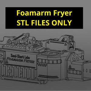 Puede incluir: Un dibujo en blanco y negro de una freidora Foamarm impresa en 3D. El dibujo muestra la freidora con un asa, un panel de control y un elemento calefactor. El texto "Send-Shark Labs FOAMARM FRYER" está impreso en el lateral de la freidora. El texto "STL FILES ONLY" está impreso en amarillo sobre fondo negro.