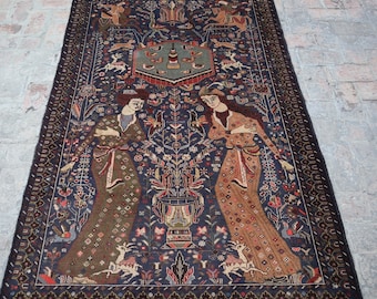 Antique Pictorial Rug, 4&#39;4x6&#39;6 Ft Handmade Afghan Gorgeous Pictorial Rug, Fine Quality Wool Animal Pictorial Rug, Vintage Zakani Baluch Rug