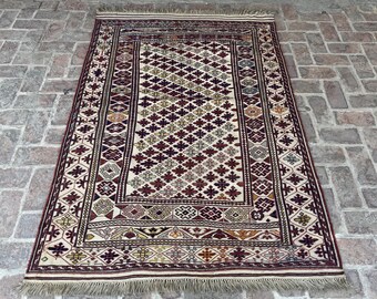 4'5x6'8 Ft Handmade Kilim Rug- Turkoman Hand Knotted Geometric Rug, Afghan Flatweave Area Rug, Unique Design Kilim Rug, Living Room Rug