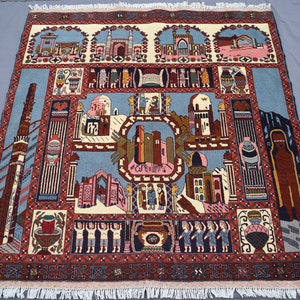 4.7x4.9 Ft Pictorial Rug, Handmade Afghan Pictorial Square Rug, Turkoman Hand Knotted Square Area Wool Rug, Vintage Rug, Wall Hanging Rug