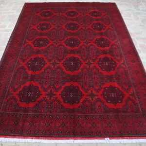 Handmade Afghan Red Area Rug, 6&#39;7x9&#39;8 Ft Turkmen Bokhara Rug, Hand Knotted Tribal Rug, Oriental Large Area Wool Rug, Bedroom Rug, Office Rug