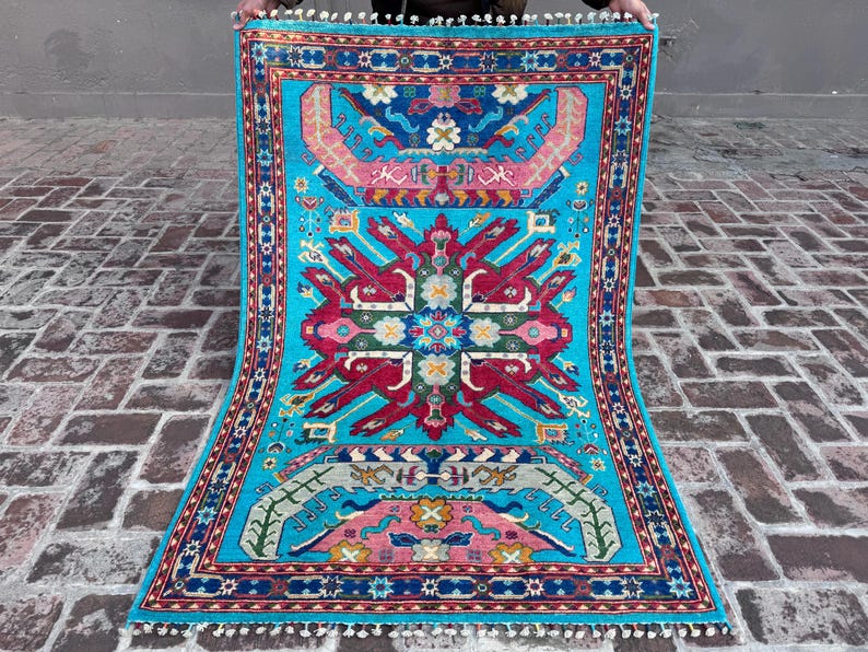 4x6 Ft Turkmen Light Blue Rug, Afghan Hand Knotted Oriental Wool Rug ...