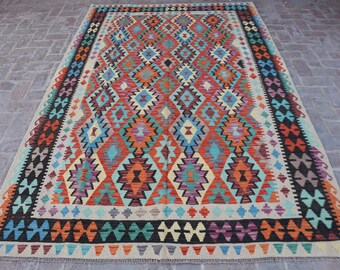 Preciosa alfombra kilim de 2,13 x 3,05 m, afgana multicolor, de tejido plano, con diseño geométrico de lana y tintes vegetales naturales, tribal, para dormitorio.