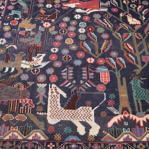 4x7 Hunting Rug- Handmade Afghan Pictorial Rug, Hand Knotted Animal Print Wool Rug, Dark Blue Antique Rug, Geometric Wool Zakani Baluch Rug