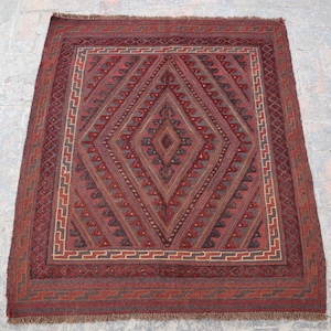4x4 Square Area Rug- Handmade Afghan Square Rug, Hand Knotted Pure Wool Geometric Rug, Turkmen Tribal Rug, Mushwani Square Area Rug