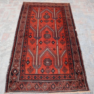 3&#39;10x6&#39;7 Ft Antique Rug- Handmade Afghan Geometric Wool Rug, Hand Knotted Low Piles Orange Color Wool Rug, Small Area Rug, Living Room Rug