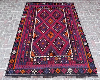7x10 Afghan Kilim Rug, Handwoven Red Blue Tribal Kilim Rug, Geometric Wool Flatweave Rug, Large Area Turkmen Ghalmori Living Room Kilim Rug