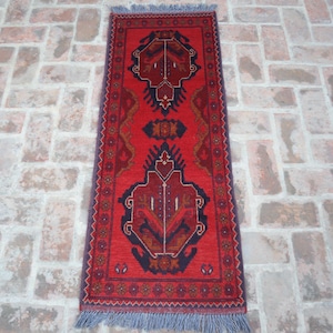 2x5 Ft Khal Mamadi Runner Rug, Handmade Small Afghan Runner Rug, Oriental Red Runner Rug, Turkmen Tribal Rug, Entryway Rug, Kitchen Runner