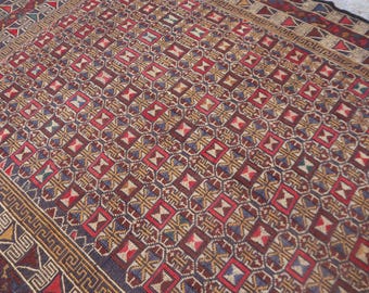 4'3x6'4 Ft Afghan Soumak Rug, Handmade Hand Knotted Turkmen Maliki Kilim Rug, Super Quality Vintage Geometric Sumak Rug, Living Room Rug
