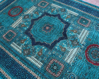 Alfombra mameluca azul turquesa de 7 x 10 pulgadas - Alfombra afgana de gran tamaño, hecha a mano, de alta calidad, de lana oriental, anudada a mano para sala de estar y oficina.