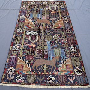 4x7 Ft Pictorial Baluch Rug- Handmade afghan Animal Pictorial Rug, Hand Knotted Vintage Area Rug, Deer Birds Animal Print Rug, Kids Room Rug