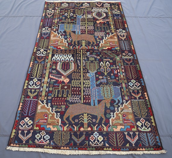 4x7 Ft Pictorial Baluch Rug- Handmade Afghan Animal