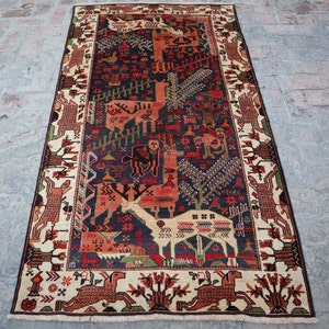 4x7 Ft Afghan Pictorial Rug, Handmade Wool Animal Pictorial Rug, Turkoman Hand Knotted Fine Quality Antique Zakani Baloch Rug, Home Decor