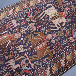 4x7 Ft Pictorial Rug- Handmade Afghan Animal Pictorial Rug, Antique Baluch Rug, Vintage Rug, Turkmen Hand Knotted Rug, One Of a kind Rug