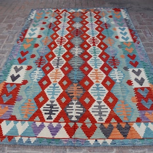 6&#39;8x9&#39;7 Ft Maimana Kilim Rug, Large Area Oriental Red Kilim Rug, Afghan Flatweave Rug, Turkmen Tribal Kilim Rug, Living Room, Bedroom Rug