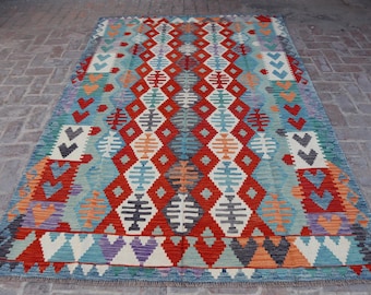 Tappeto Kilim Maimana 6'8x9'7 Ft, tappeto Kilim rosso orientale di grandi dimensioni, tappeto afgano a tessitura piatta, tappeto Kilim tribale turkmeno, tappeto per soggiorno, tappeto per camera da letto