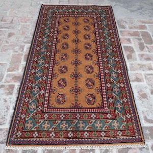 3&#39;4x6&#39;5 Ft Turkmen Bokhara Rug, Hand Knotted Oriental Wool Rug, Turkmen Tribal Rug, Handmade Afghan Wool Rug, Living Room Rug, Kitchen Rug