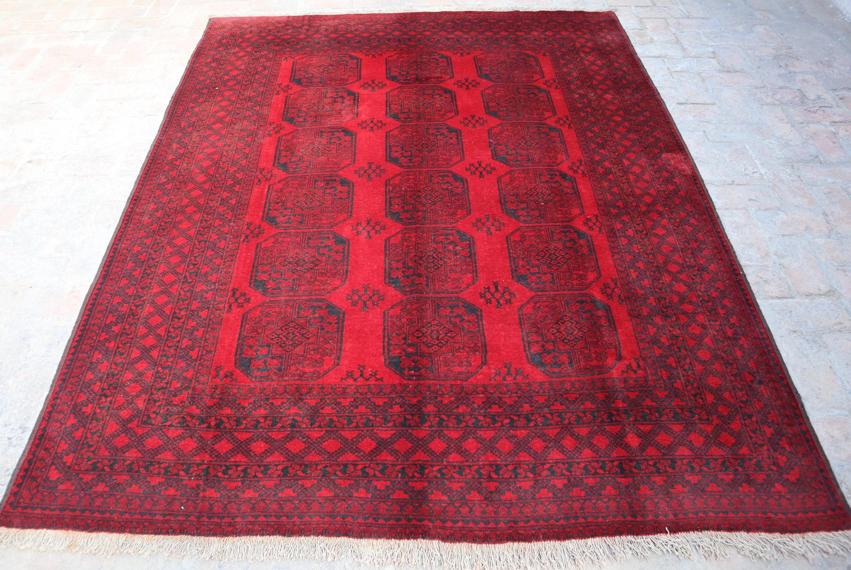 6.9x8.6 フィートのトルクメン族のラグ、手編みのアフガン象足ラグ