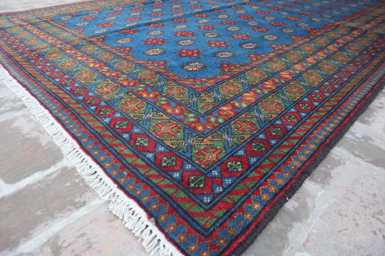 Alfombra azul de 2,1 x 3 m, hecha a mano, afgana, Mori Gul, tribal turcomana anudada a mano, de lana oriental, de gran tamaño, de lujo. imagen 9