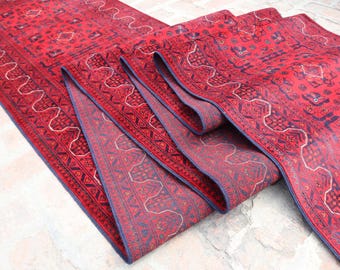 23 Ft Long Runner Rug, 2&#39;9x22&#39;5 Ft Handmade Afghan Bokhara Runner Rug, Turkmen Tribal Runner Rug, Red Oriental wool Runner Rug, Hallway Rug