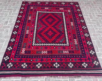 Alfombra Kilim roja vintage / Alfombra de lana afgana tejida a mano de 2,4 x 3 m / Alfombra de tejido plano bohemio geométrico tribal / Alfombra Kilim Ghalmori tribal turcomana